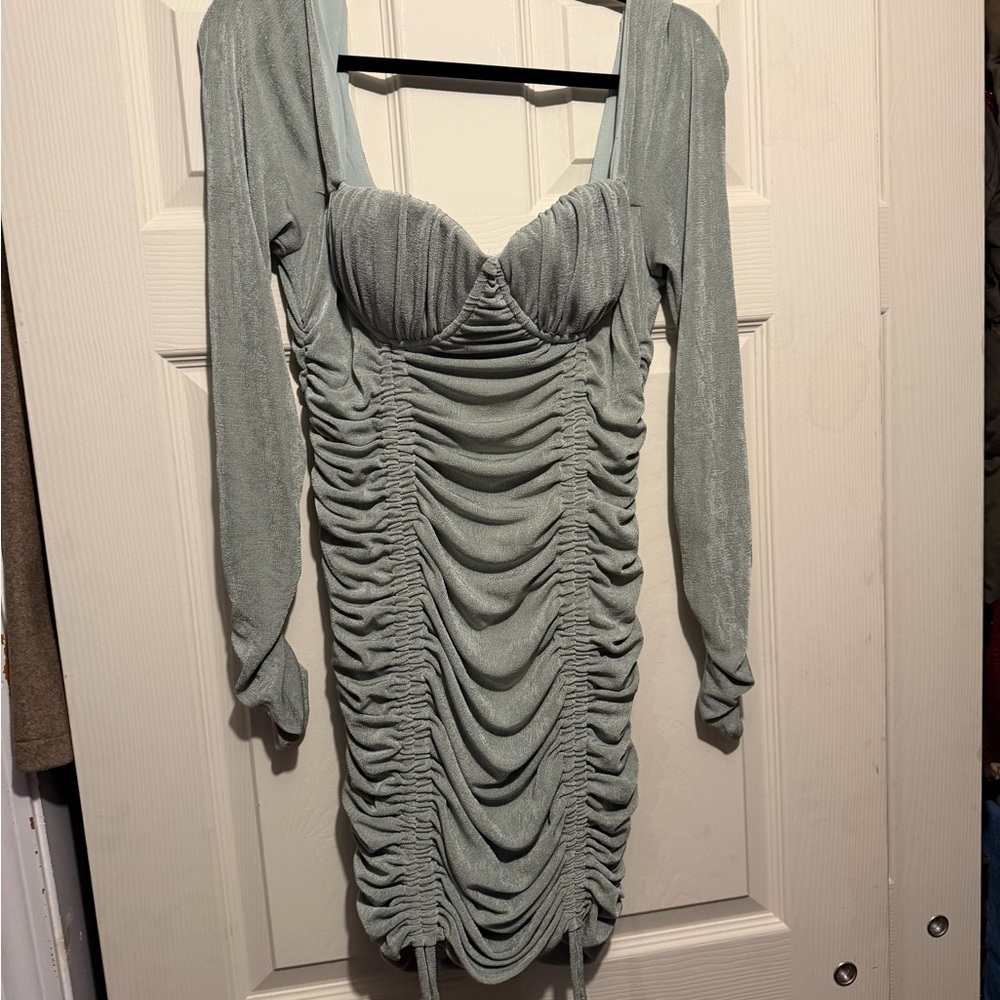 Ruched Sage Green Long Sleeve Bodycon Dress